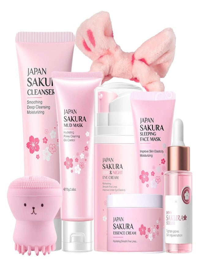 Evolvique Japan Sakura Skincare Set Women Gifts - 8 Pcs Teenage Skin Care Set - Skin Care for Teens 10-12 - Skincare for Girls 10-12 - Teen Skin Care Kit with Face Mask,Cleanser,Cream,Headband - Image 1